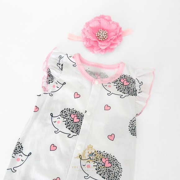 NWT Cute Girls One-piece Romper Bubble Ruffled Hedgehog & Pink Hearts 9-12M - Picture 2 of 2